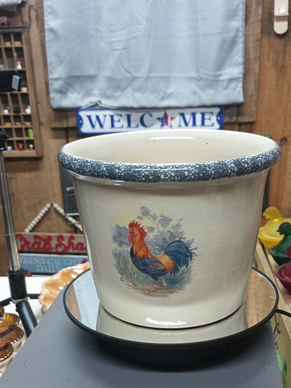 Home And Garden Party Rooster Ceramic Planter Pot in Cream and Blue